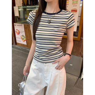 Dopamine Stripe Slim-fit Shoulder Short-sleeved T-shirt Summer Women's Small Casual All-match Spice Girl Short Top