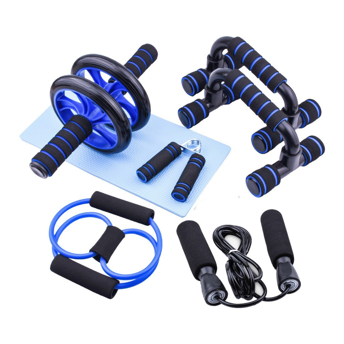 Cross-Border Home Fitness Equipment Combination Set, Abdominal Wheel, Push-Up Bracket, Grip Strengthener, Skipping Rope Tensioner