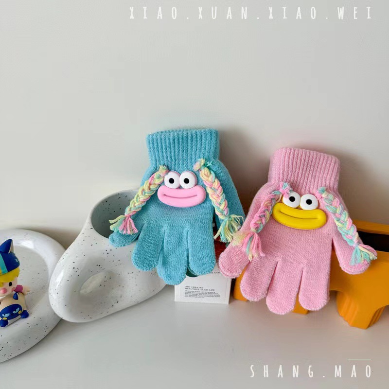 겨울 어린이 장갑 더러운 머리띠 못생긴 큰 입 장갑 개성 소년 소녀 따뜻한 뜨개질 다섯 손가락 두꺼워짐