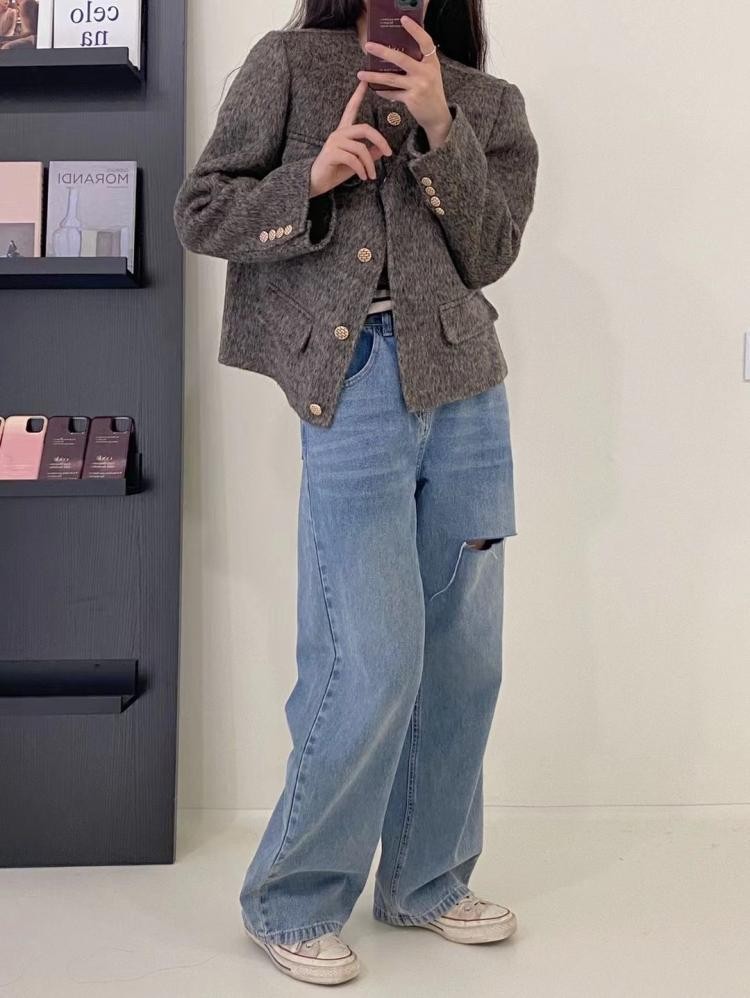 オフシーズン両面ウールコートショートスモールラウンドネックスモールフレグランススタイル通勤ウール両面ウールコート女性用