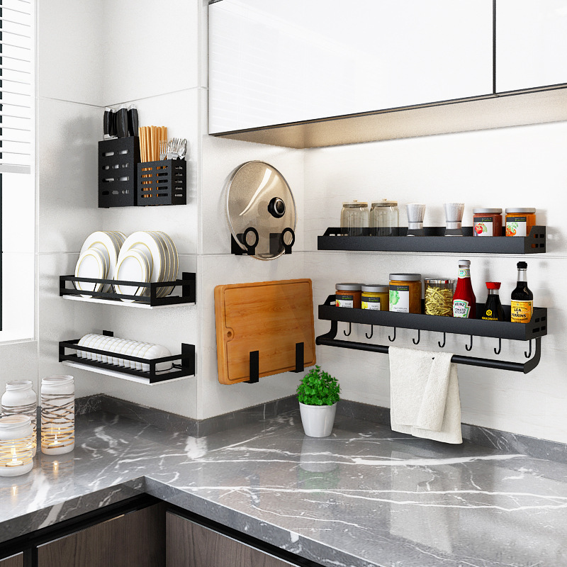 Kitchen hole-free seasoning storage shelf wall-mounted home knife holder chopstick rack pot lid rack layered organization
