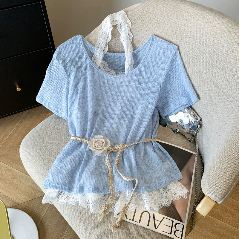 В наличии с поясом + кружевной вязаный топ с воротником-халтер для женщин, футболка в ленивом стиле для женщин