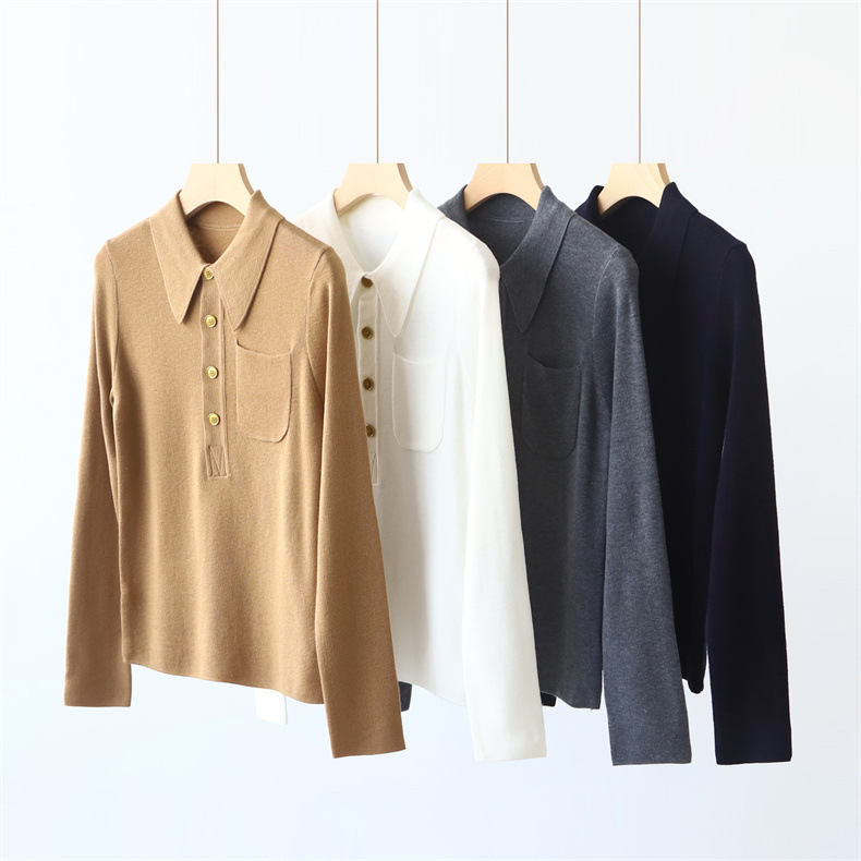 Free Y * L pin intellectual elegant POLO collar pocket design wool sweater bottoming shirt inner top 936-2