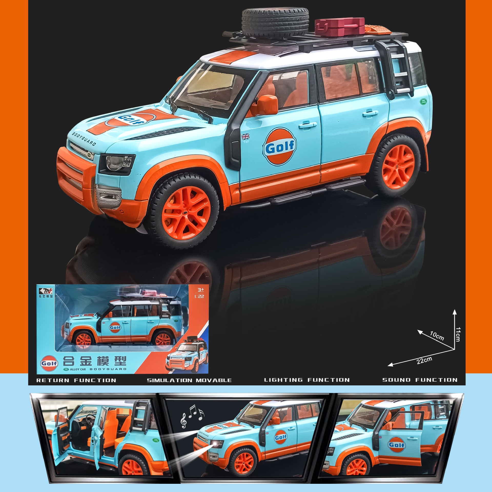 Modelo de coche de aleación de arte famoso 1:22 Land Rover Defender Vehículo todoterreno Copa de camello Retract Sound Light Modelo de coche Decoración de juguete