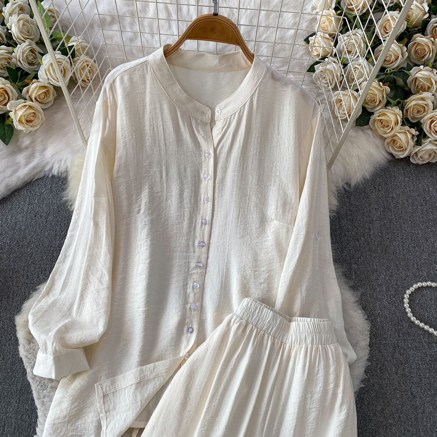 Mambo Mint Green Women's Clothing Set Refreshing Skin Friendly Breathable Loose Fitting Long Sleeved Shirt Jacket with High Waisted Wide Leg Pants_ecoleips.com