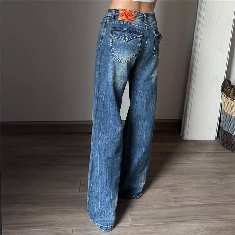 American retro low-waist wide-leg jeans for women, heavy-duty distressed, new loose-fitting, slightly flared, floor-length straight pants