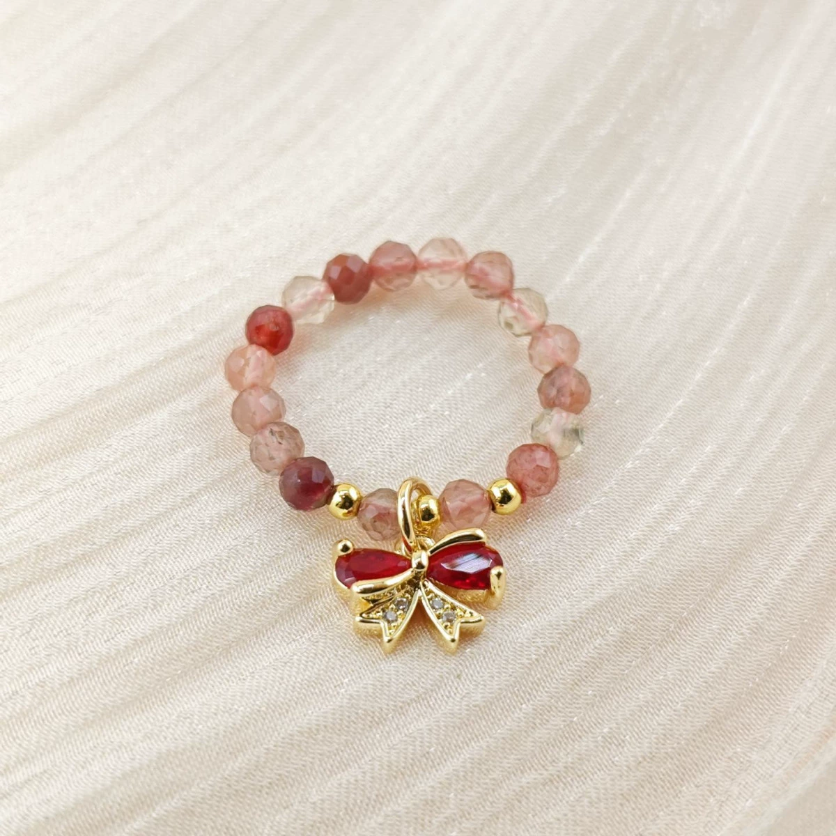 Кольцо из розового кварца с бусинами на эластичной нити в оригинальном китайском стиле, с граненым кристаллом и бантом, в стиле интернет-знаменитостей, высокого качества