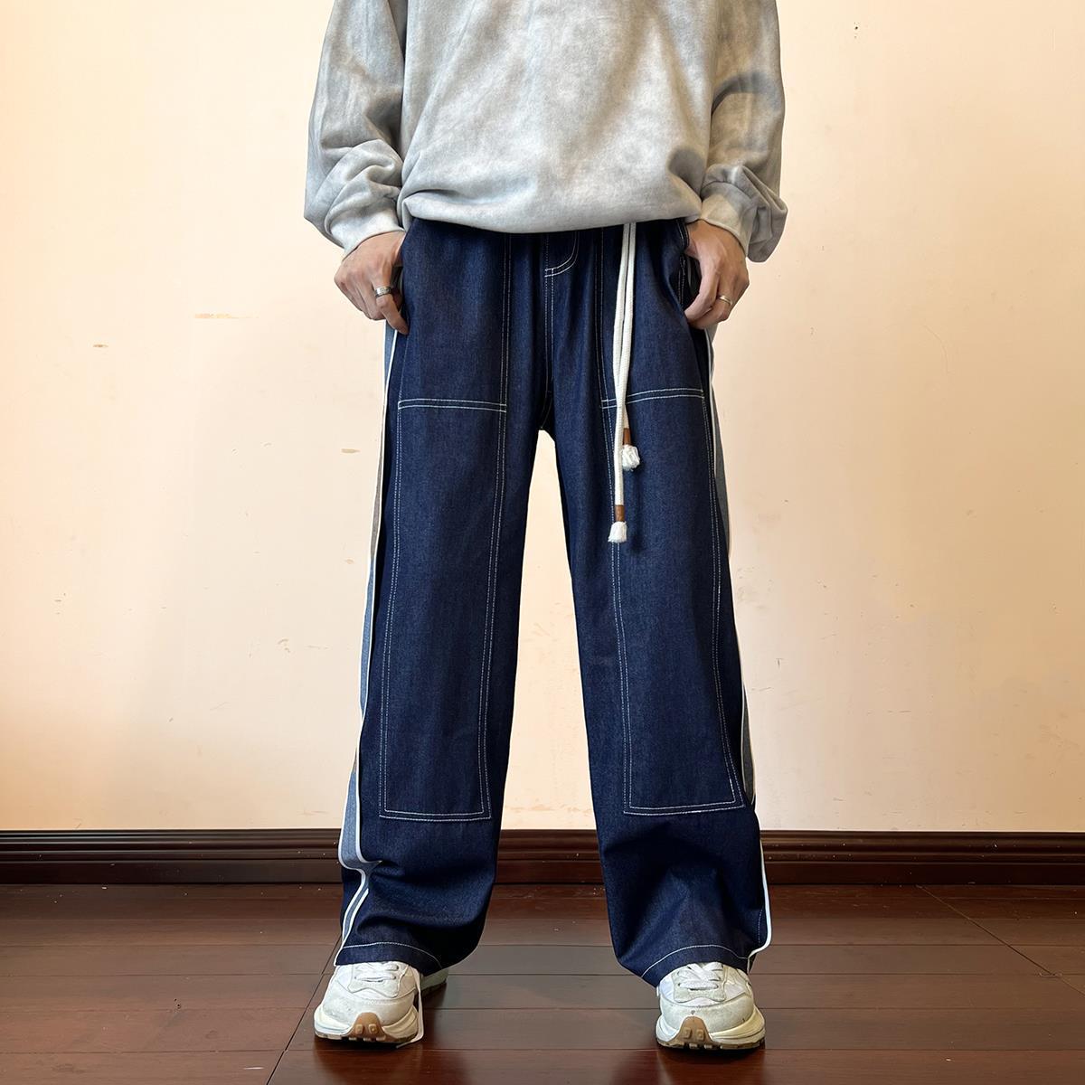 Vaqueros de los hombres otoño suelta ins moda calle overoles Primavera y oversize Pantalones rectos americanos