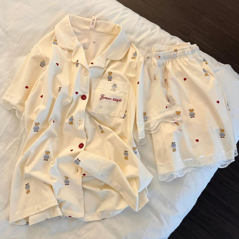 High-End Ins-Style Lace Teddy Bear Pajamas for Women, Summer Short-Sleeved Shorts, Cardigan Two-Piece Set, Girl's Home Wear High-End Ins-Style Lace Teddy Bear Pajamas for Women, Summer Short-Sleeved Shorts, Cardigan Two-Piece Set, Girl's Home Wear