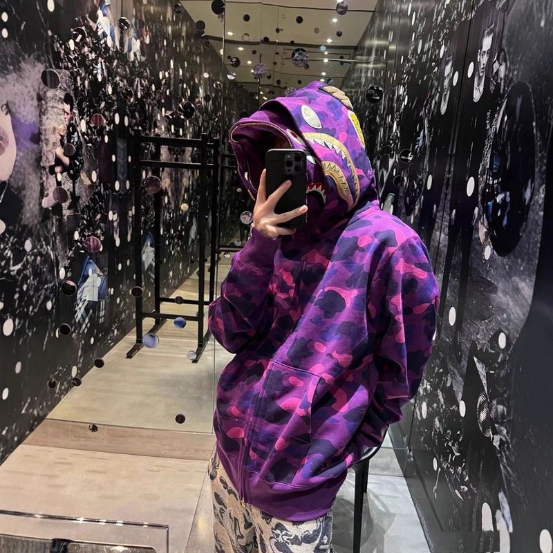 High-Quality Cross-Border Japanese Bape Miami Collaboration Camouflage Double Hooded Sweatshirt Zip-Up Jacket for Men and Women