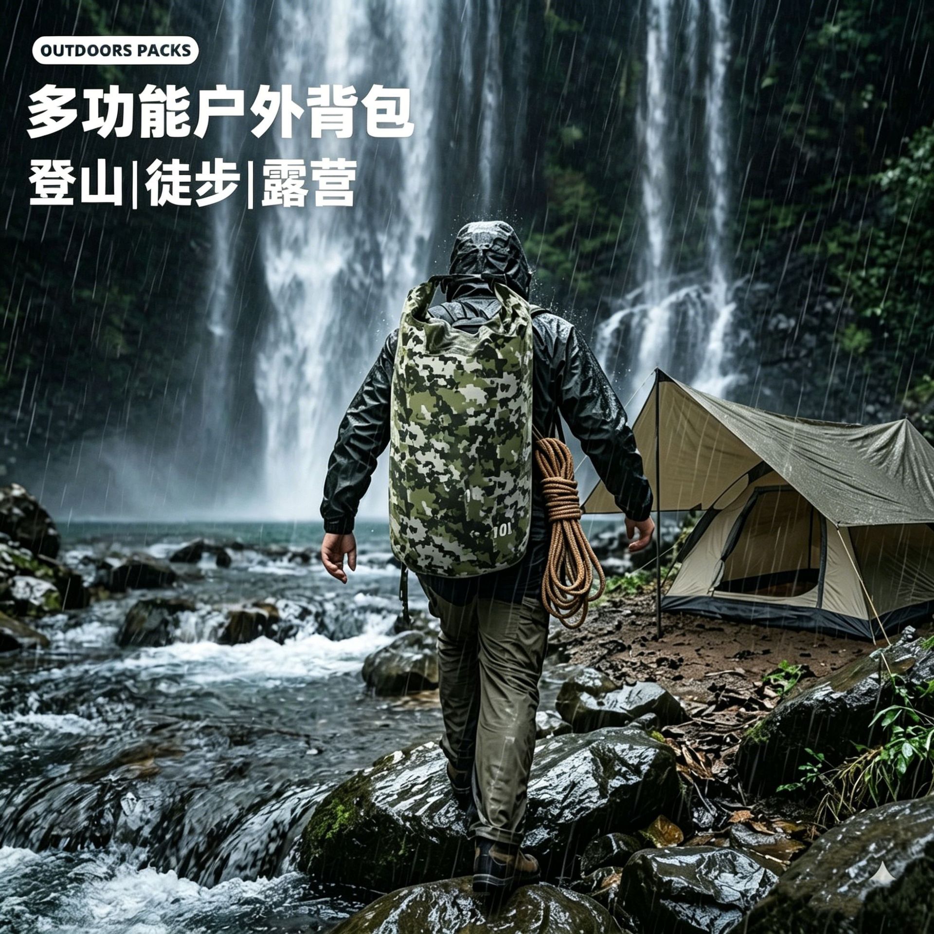 New camouflage waterproof outdoor backpack with large capacity and roll-top design, specialized for mountaineering, camping, and stream trekking
