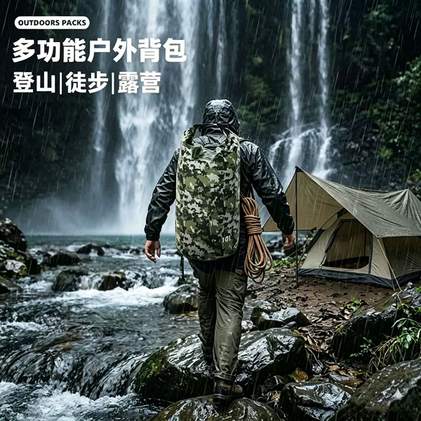 New camouflage waterproof outdoor backpack with large capacity and roll-top design, specialized for mountaineering, camping, and stream trekking