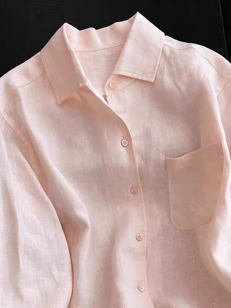 Áo sơ mi nữ linen dài tay thoáng khí chống nắng xuân hè — Mật đào bột