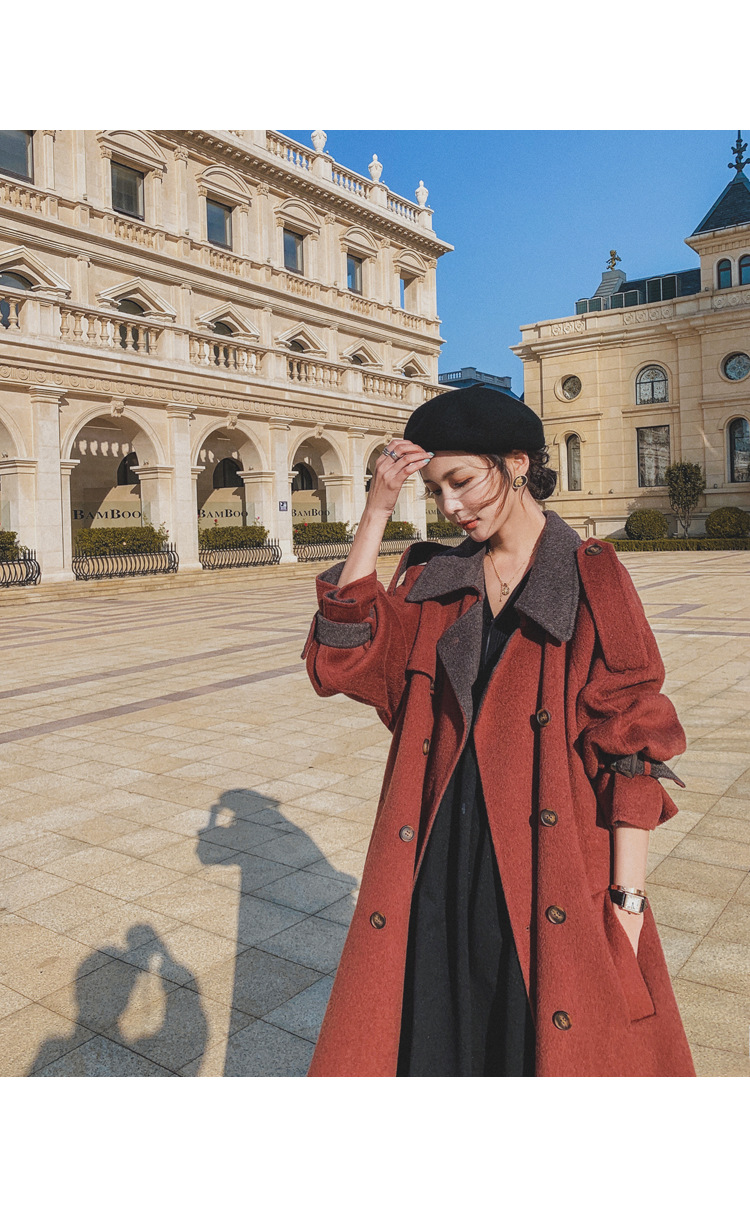 Women's Long Woolen Coat Brick Red Hepburn Style Winter Overcoat_voghion.com