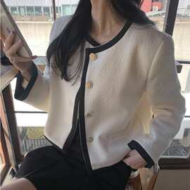 韩国chic复古气质镶边撞色单边口袋设计粗花呢小香风短外套