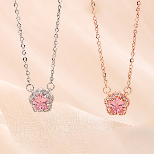 Diamond-embellished cherry blossom necklace to attract love, exquisite open-flower ring, engagement birthday set, lockchain ring gift