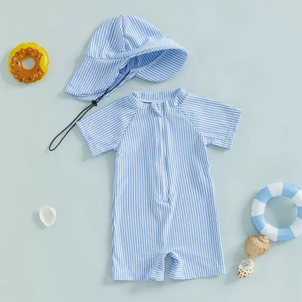 Striped Short-Sleeved Children's Swimsuit with Hat, Cross-Border Hot-Selling Item Toddler Baby Boys Seersucker