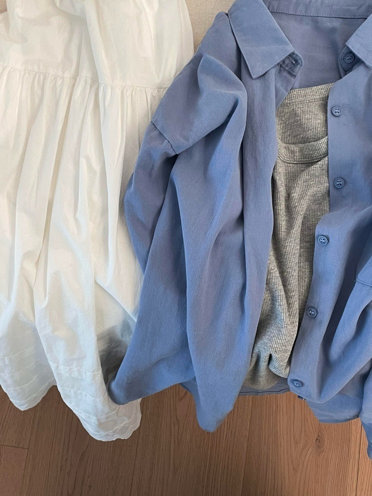 100% Haze Blue Pure Cotton Long-Sleeved Shirt Women's Tops Shirt Sun Protection Jacket This Year's Popular Beautiful Shirt