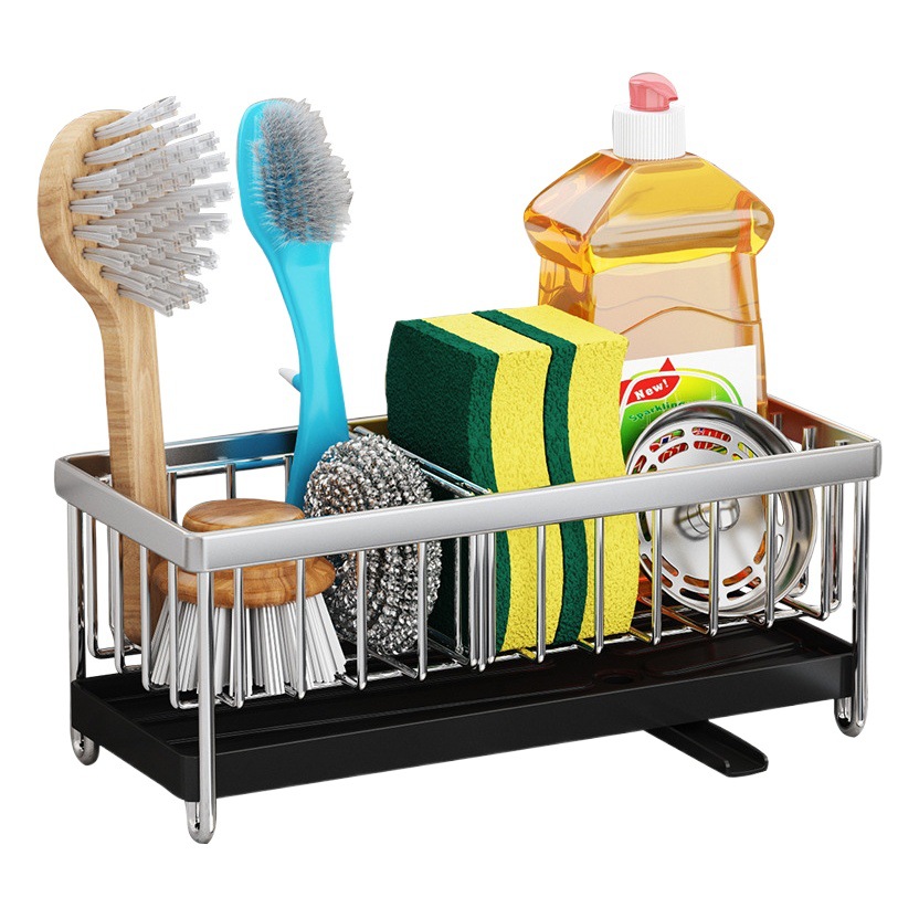 Encimera de acero inoxidable estante de almacenamiento de esponja fregadero lateral acabado de almacenamiento cesta de drenaje bandeja de agua con guía fregadero Negro Plata