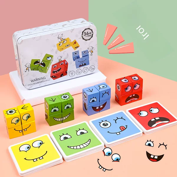 Children's Face-changing Rubik's Cube Building Blocks Educational Toys Parent-child Interactive Desktop Battle Game Wooden Smiley Pattern Rubik's Cube