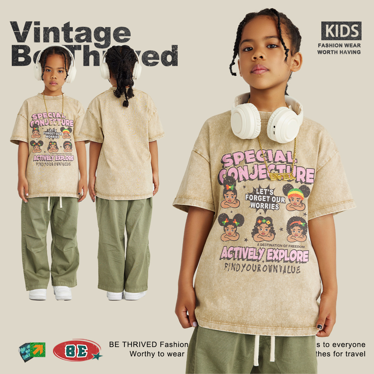 Ropa Infantil BE | Camiseta de Manga Corta para Niños, Estilo Lavado, Divertida, de Moda Urbana, Primavera/Verano 2025, para Niños, 100% Algodón