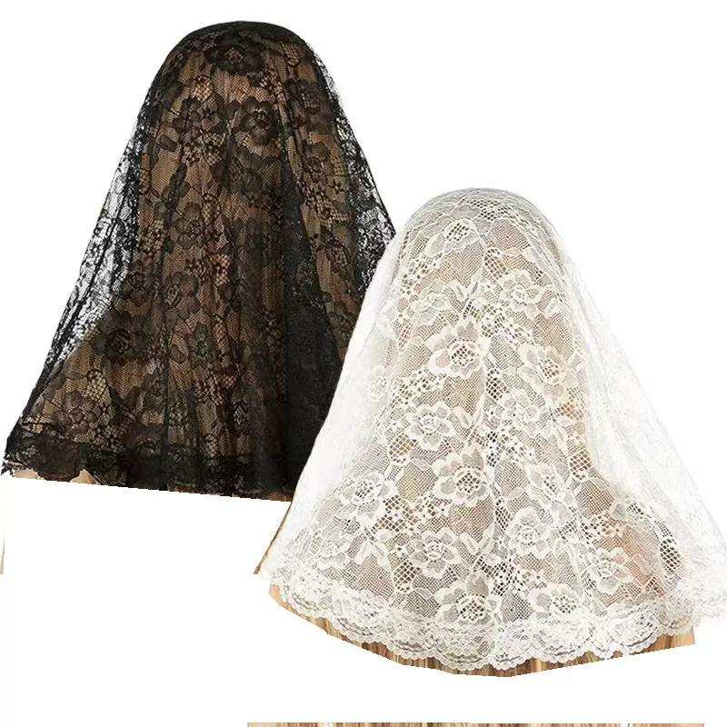 跨境新娘蕾丝花边镂空头纱穆斯林教堂短款披肩阿拉丁蕾丝头戴纱