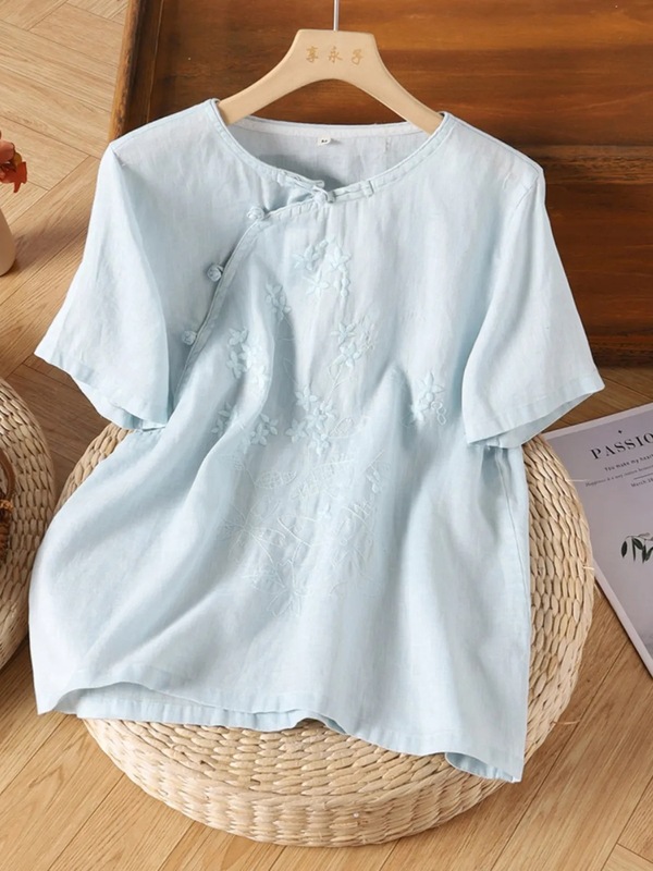 夏の新型半袖の美しい刺繍のゆったりした大きいサイズの文芸の復古の綿の麻の上着の女性の斜めの襟は新しい中国式を掛けます。|undefined