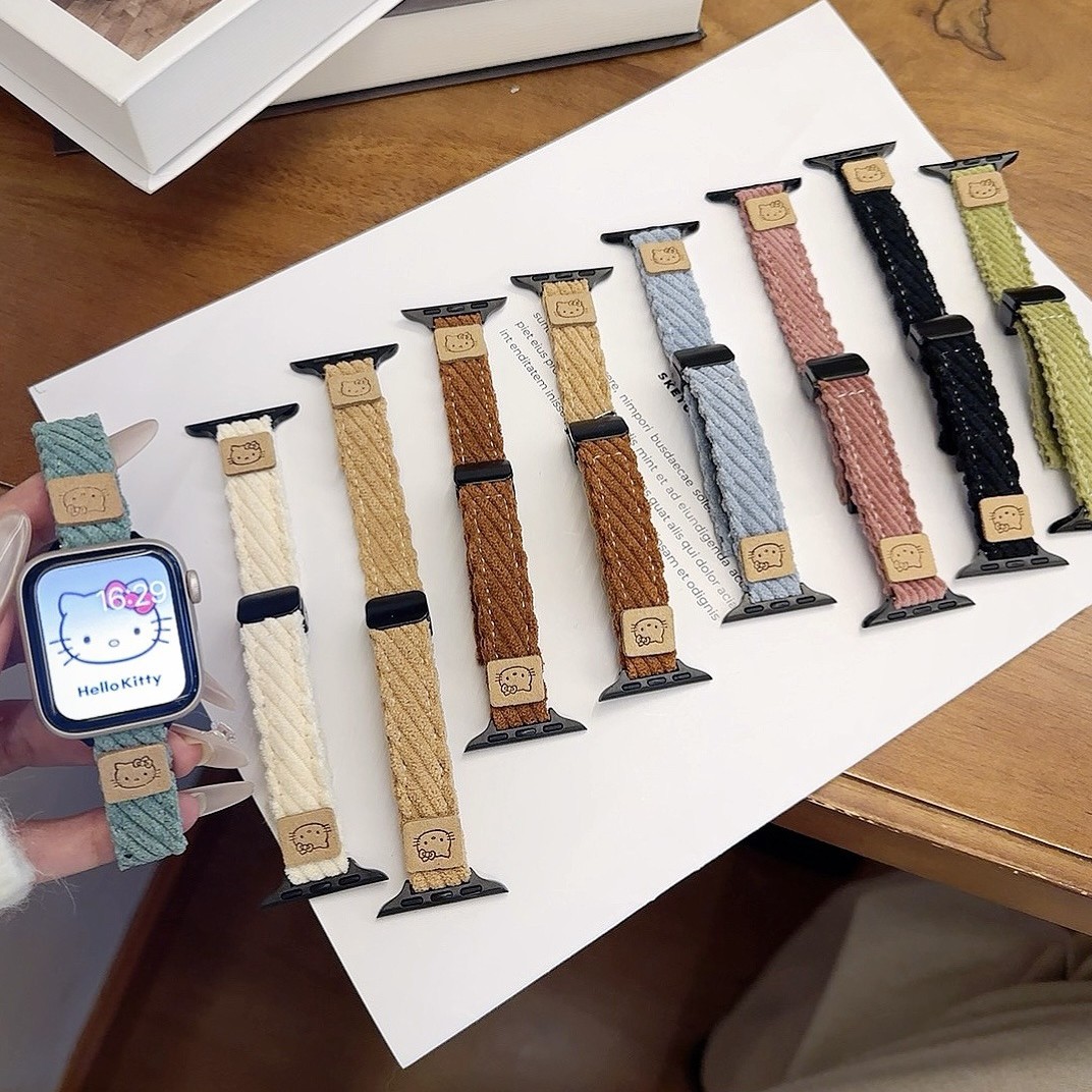Corduroy Kt Cat Embroidered Logo Magnetic Leather Strap Suitable for Apple iWatch 11Th Generation 10/987Ultrase
