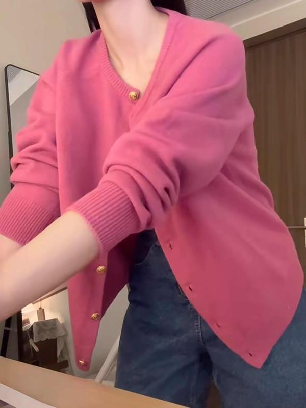 小众慵懒风玫红色针织开衫女秋冬温柔氛围感软糯毛衣外套漂亮上衣|undefined