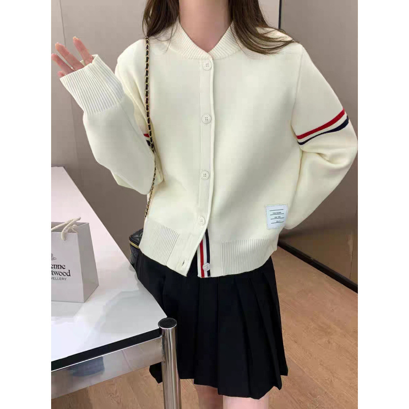 设计感双袖撞色条纹立领针织开衫女气质上衣短外套棒球服|undefined
