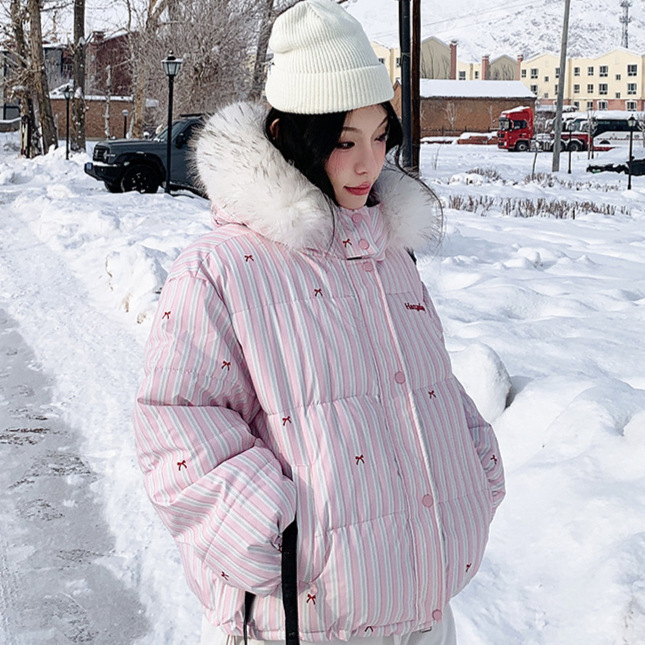 Moda coreana a rayas empalmado cuello con capuchón corto de algodón mujer invierno impresión de arco engrosado chaqueta de algodón image 6