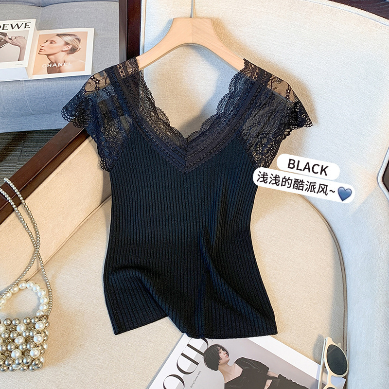 ニットトップス レディース 夏 気質 レース Vネック ストレッチ スリムフィット インナー アウター 半袖Tシャツ ベースレイヤー ニットトップス|undefined