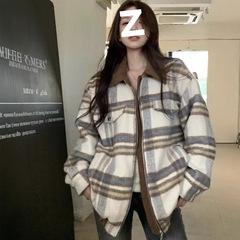 美式毛呢格子外套女2025秋冬新款宽松情侣休闲百搭夹克高级感上衣