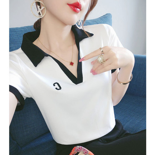 Plus-size women's polo shirts, regular shoulders, short-sleeved T-shirts, 2025 summer, slightly plump mm, hide belly, lose weight, V-neck tops