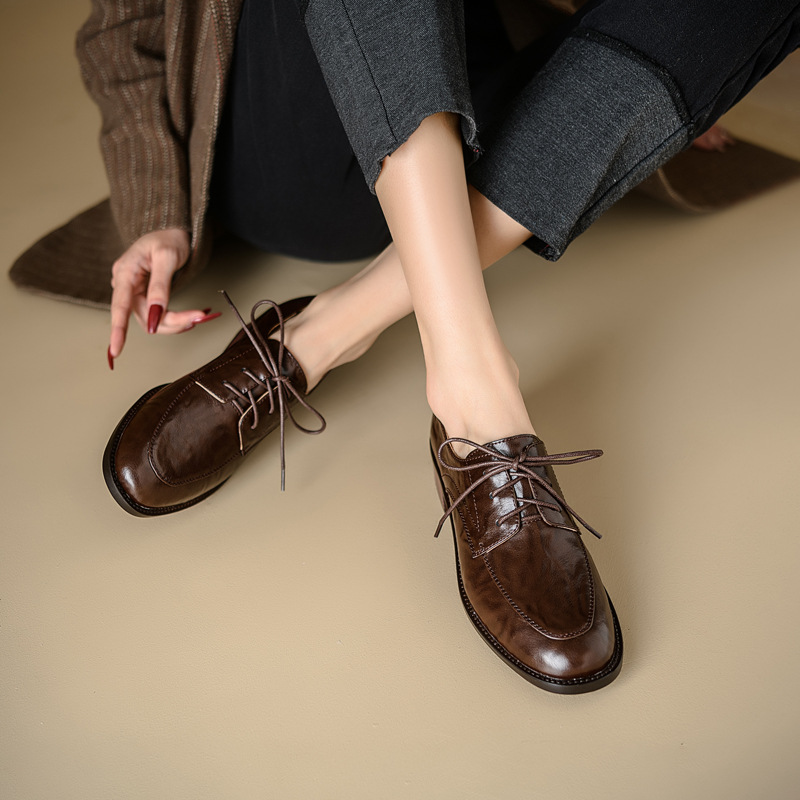 Britischer Retro Schnürschuh Aus Leder Mit Niedrigem Blockabsatz_voghion.com