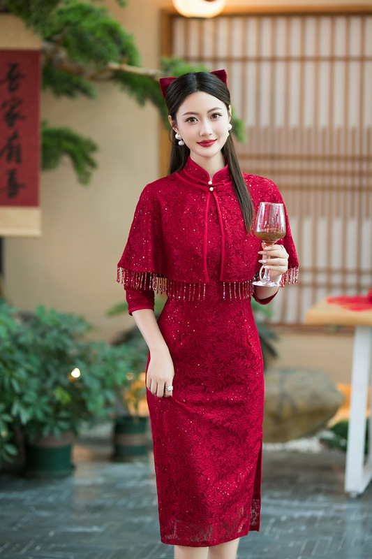 Cloak two-piece lace red makeup cheongsam improved autumn bride toast dress engagement cheongsam happy mother cheongsam dress