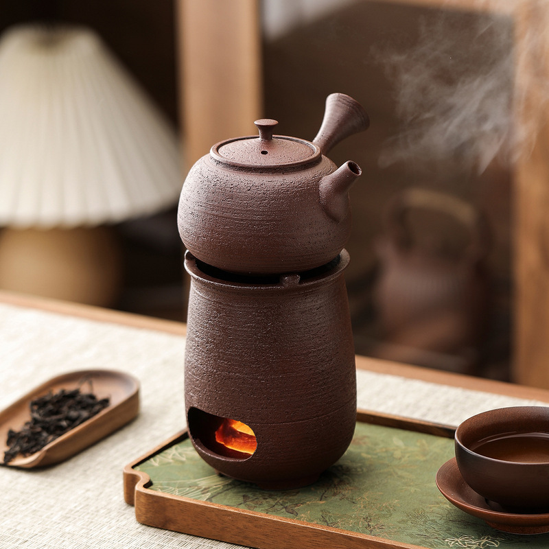 Vintage Rustic Pottery Tea Kettle Set with Red Clay Tea Stove, Single Kettle with Side Handle, Small Household Carbon Stove, Alcohol Stove, Tea Brewing Kettle