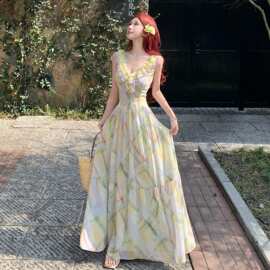 南法浪漫印花撞色荷叶边大露背吊带连衣裙海边度假风仙女收腰长裙
