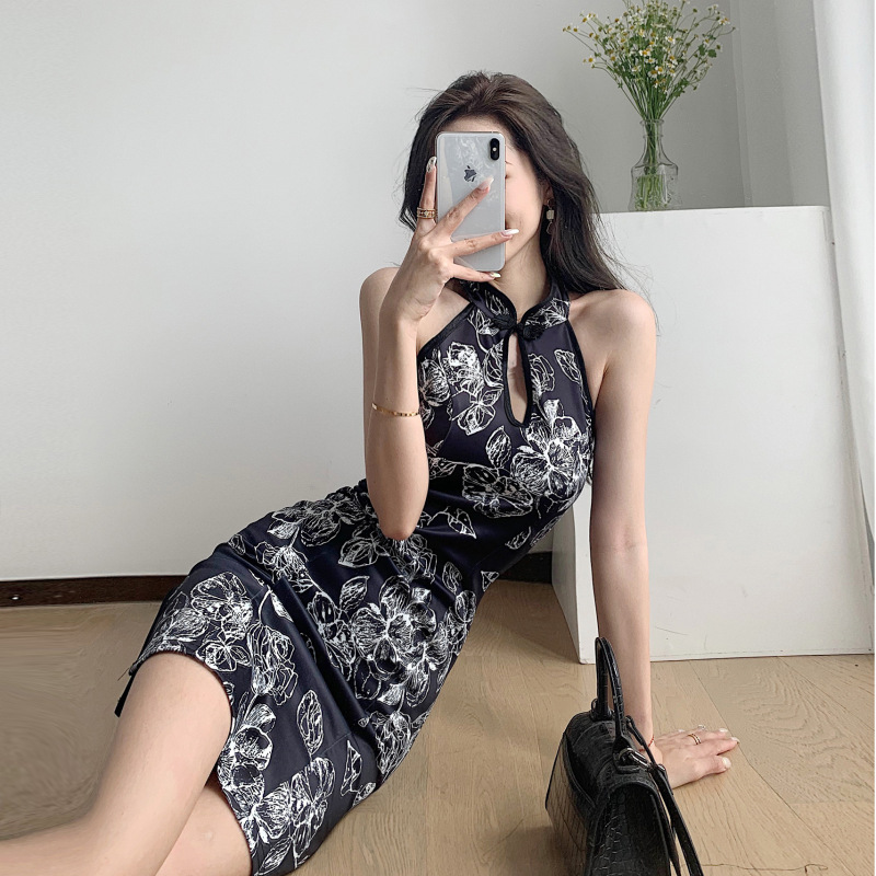 Korean Style Cheongsam Women's Retro New Tight 2024 Girl's Summer Printed Improved Short Daily Slim dress