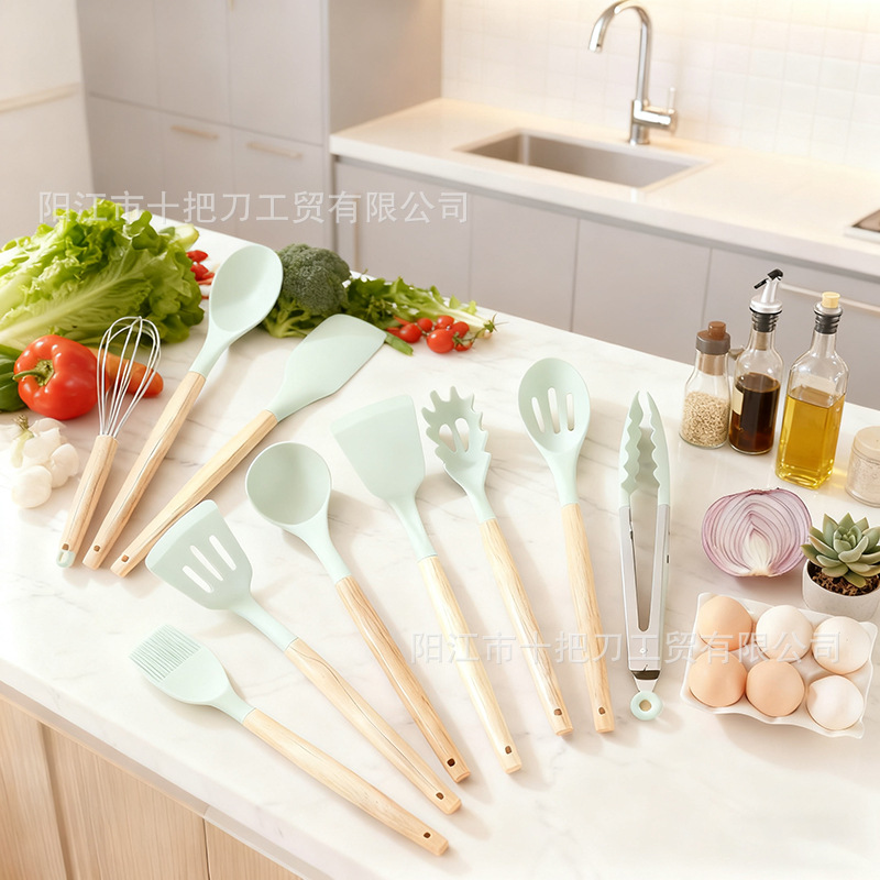 Instantánea de silicona resistente a altas temperaturas utensilios de cocina no pegajosos de silicona almacenamiento de barril 19 piezas conjunto conjunto de cocina integrado