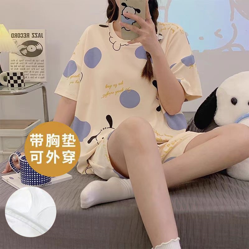 2025新款夏款睡衣女士夏季两件套装少女款加大夏天带胸垫短袖短裤
