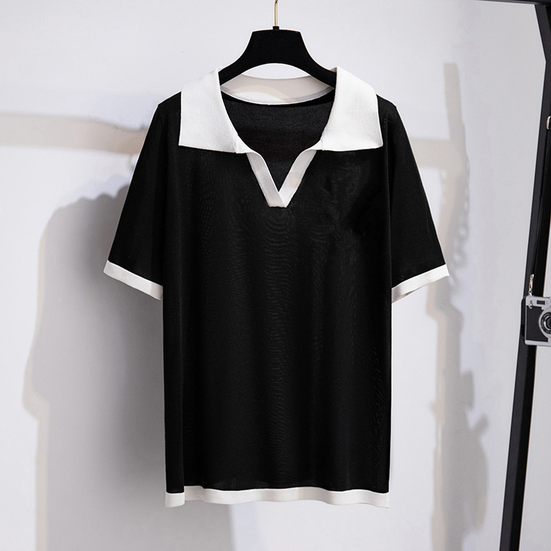 Plus-Size Women's Summer Clothing, Ice Silk Turn-Down Collar Knit Top, Slimming for Fat Women 200/ 150kg Short-Sleeve T-Shirt 8366