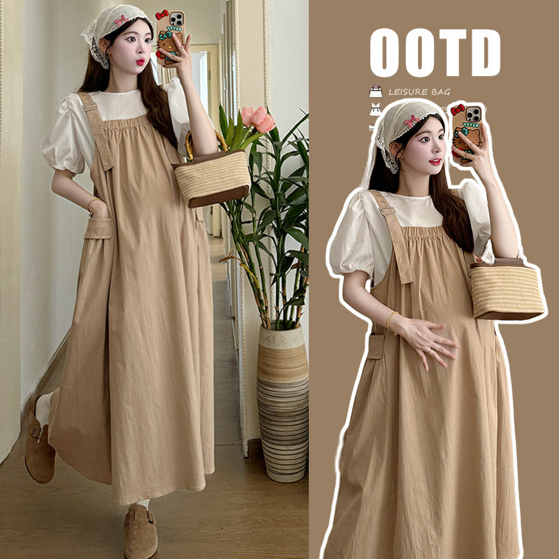 Maternity Dress Summer Sweet and Ladylike Youthful Cute Loose Korean Style Washed Cotton Short-Sleeve T-Shirt and Suspender Skirt Two-Piece Set Maternity Dress Summer Sweet and Ladylike Youthful Cute Loose Korean Style Washed Cotton Short-Sleeve T-Shirt and Suspender Skirt Two-Piece Set