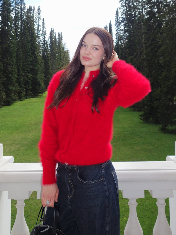 Áo khoác cardigan len nữ dáng ôm cổ tròn tay dài một hàng cúc chất liệu lông mềm mại — Màu hồng, Màu trắng, Màu xám nhạt, Xanh đậm chi tiết 28