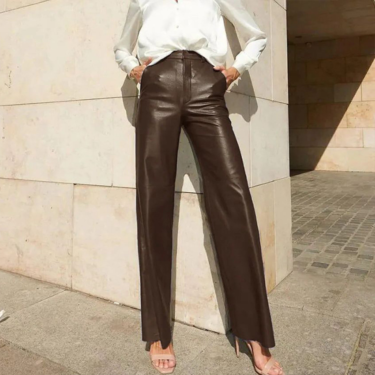 Autumn High Waist PU Leather Straight Leg Pants For Women Hip Lift Casual Elegant Stylish Bottoms_ecoleips.com