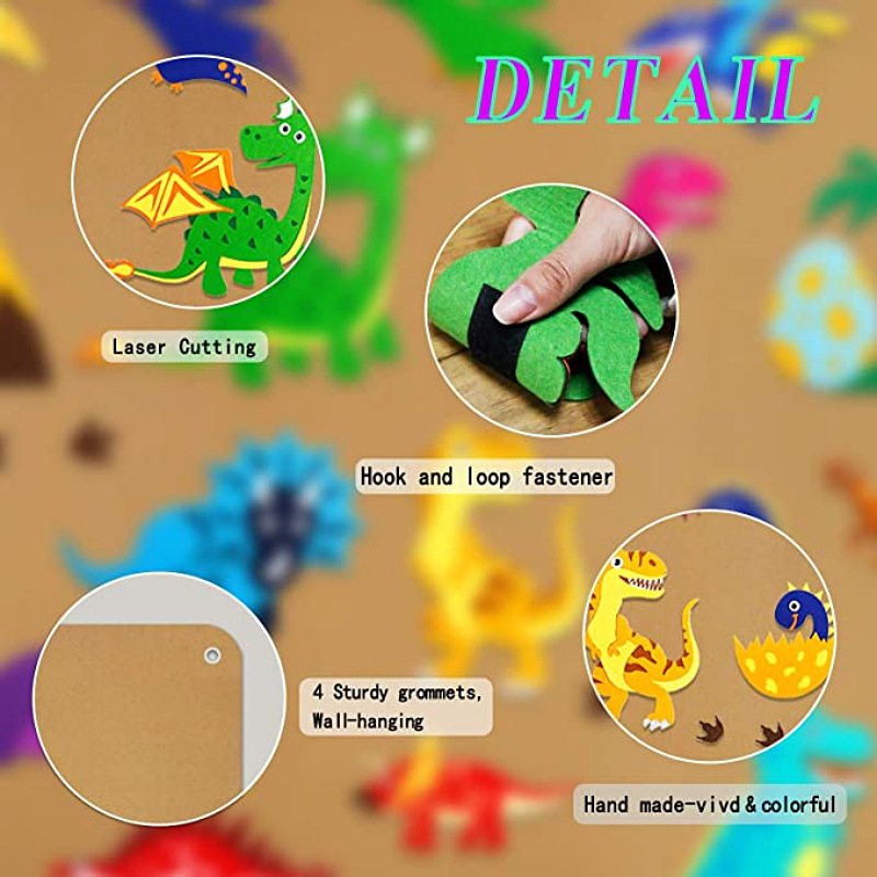 Historia traje de niño en edad escolar colgando dinosaurio storyboard bolsa de juego para niños aprendiendo actividades de narración