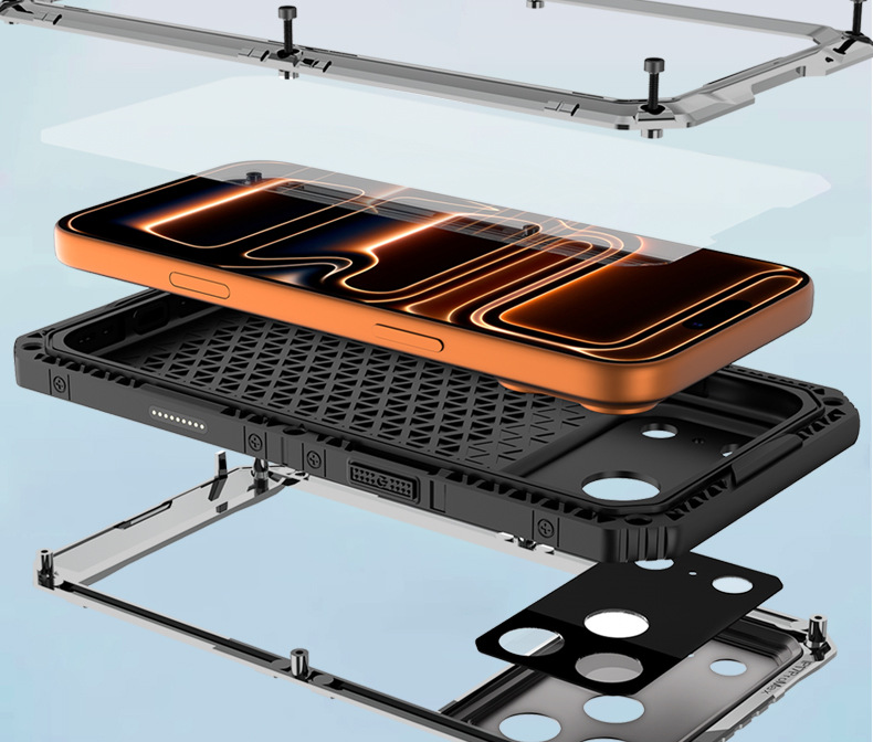 Ốp lưng iPhone 15 Pro Max chống sốc bốn lớp kim loại, chống nước, viền dày silicon mềm — Đen, Đỏ rượu, Vàng sáng, Cam chi tiết 8