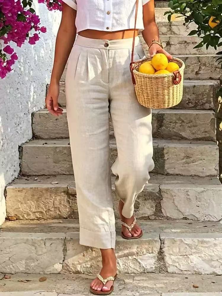 Women's Linen-Cotton Blend Summer Trousers | Casual High-Waisted Button-Front Pants | Breathable Relaxed Fit Wide-Leg Pants For Women_ecoleips.com