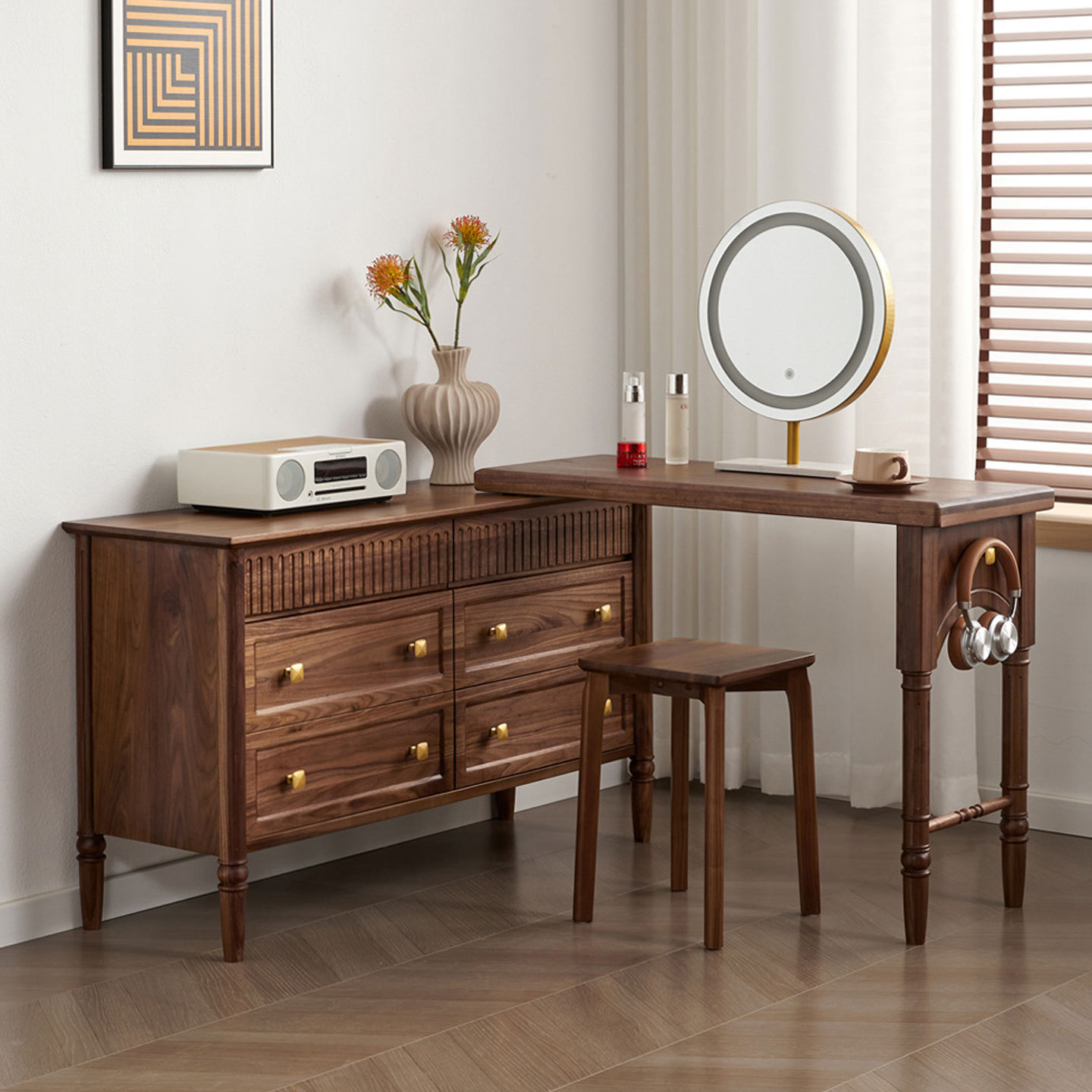 North American Black Walnut Dressing Table Bedroom Modern Simple Dressing Table Small Apartment Bedside Retractable Integrated Storage Cabinet