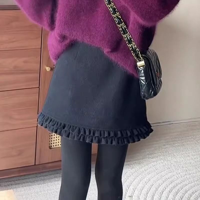 灰色设计感小众花边半身裙女装春秋高腰复古气质包臀裙A字裙短裙|undefined